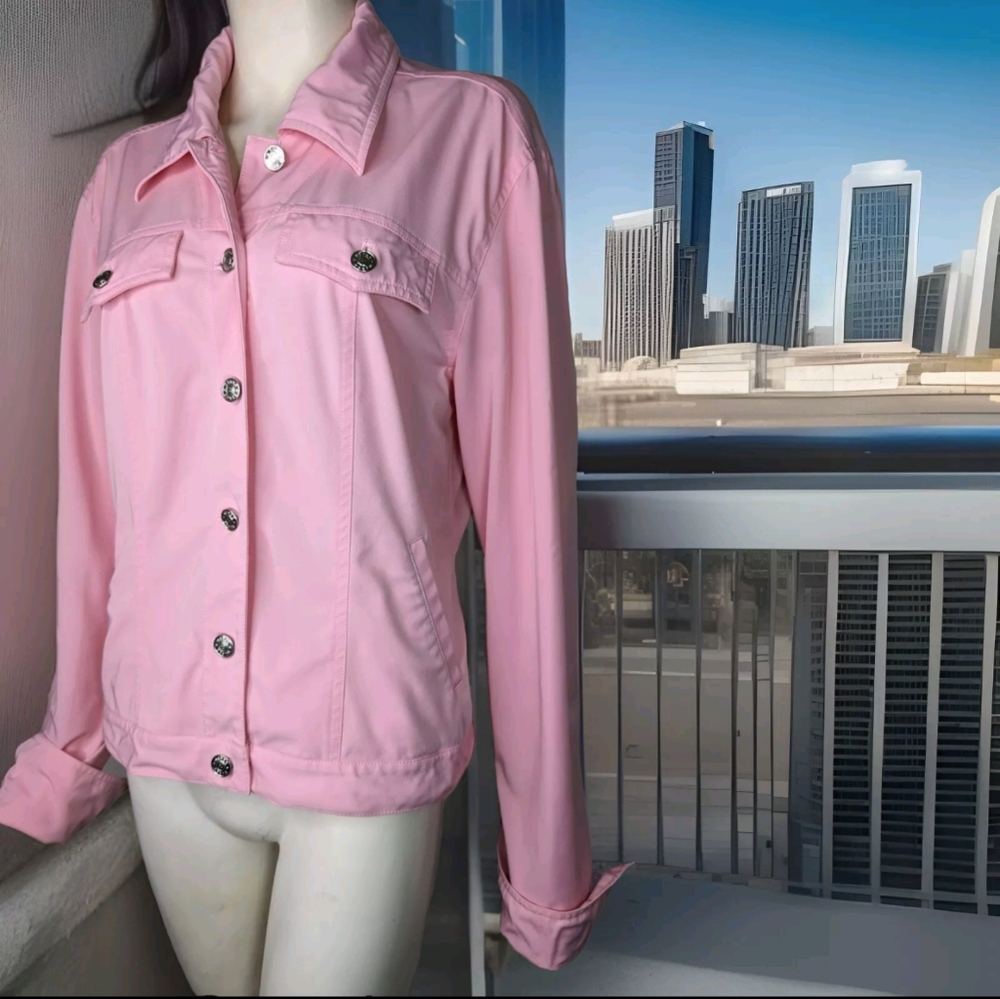 Jacket Pink Button Womens S Stretch Pockets Moto Style Lightweight Debra deRoo